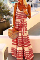 Heididress Bohemia V Neck Tie Waist Printed Maxi Cami Dress