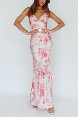 V Neck Open Back Floral Print Satin Maxi Cami Dress