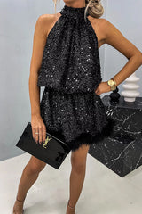 Heididress Halter Sleeveless Feather Hem Sequin Dress