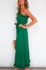 Heididress One Shoulder Sleeveless Tie Waist Ruffle Swing Dress