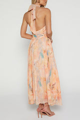 Halter Bow Neck Backless Beck Print Swing Maxi Dress