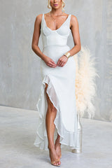 Glitter V Neck Backless Ruffle Slit Maxi Cami Dress