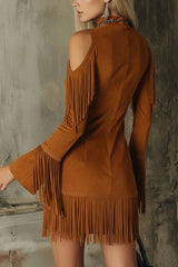 Semi-High Neck Off-The-Shoulder Fringed Faux Suede Long-Sleeved Mini Dress