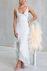 Glitter V Neck Sleeveles Ruffle Slit Maxi Dress