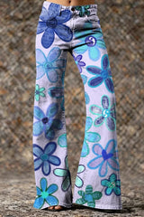 Women's Green Cute Floral Hippie Art Printed Casual Slim Denim Wide Leg Pants