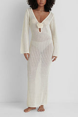 Heididress V Neck Long Sleeves Backless Crochet Hollow Out Knit Maxi Dress