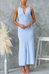 Sleeveless Button Up Ribbed Knit Maxi Dress