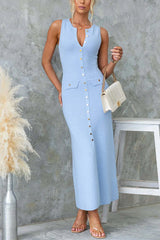 Sleeveless Button Up Ribbed Knit Maxi Dress