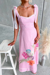 Bow Shoulder Sleeveless Floral Print Swing Maxi Dress