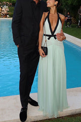 Heididress Deep V Neck Halter Backless Color Block Bow Maxi Dress