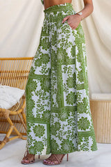 Elastic Waist Floral Print Pocketed Wide Leg Pants
