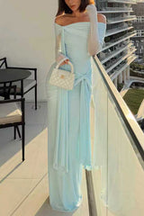 Heididress Off Shoulder Long Sleeves Knot Waist Draped Maxi Dress