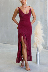 Glitter V Neck Backless Ruffle Slit Maxi Cami Dress
