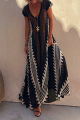 Heididress V Neck Short Sleeve Color Block Printed Maxi Swing Dress