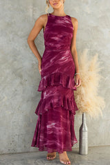 Sleeveless Ruffle Hem Tie Dye Maxi Dress