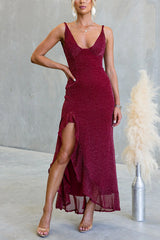 Glitter V Neck Sleeveles Ruffle Slit Maxi Dress