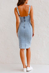 Heididress Adjustable Straps U Neck Slit Denim Bodycon Cami Dress