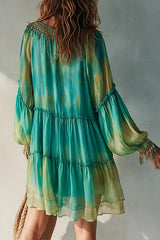 Vacation Green V Neck Lantern Sleeve Long Sleeve Strappy Boho Chiffon Mini Dresses