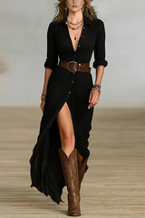Heididress Lapel V Neck Long Sleeves Button Up Slit Maxi Dress