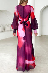 V Neck Puff Long Sleeves Tie Dye Maxi Dress