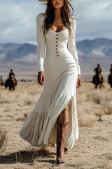 Heididress U Neck Buttop Up Long Sleeves Ruffle Slit Maxi Dress