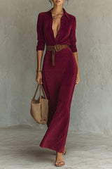 Heididress Long Sleeves Button Up Faux Suede Belted Maxi Dress