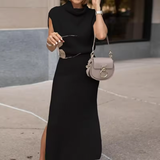 Cowl Neck Waisted Side Slit Midi Sweater Dress