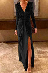 Heididress Deep V Neck Slit Ruched Velvet Party Dress(5 Colors Available)