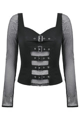 Punk Knitted Top with Mesh Overlay and Shoulder Buckle Details