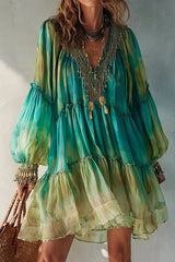 Vacation Green V Neck Lantern Sleeve Long Sleeve Strappy Boho Chiffon Mini Dresses