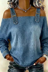 Daily Blue Off The Shoulder Long Sleeve Casual Denim Shirt