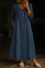 Women's Solid Color Casual V-neck Cotton Linen Long Dress