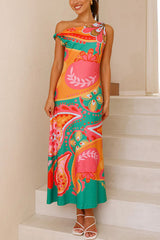 Asymmetric Shoulder Unique Print Swing Maxi Dress