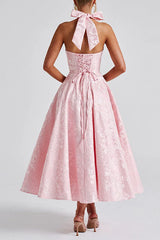 Heididress Halter V Neck Waisted Jacquard Swing Midi Party Dress