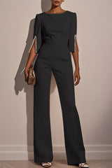 Solid Color Round Neck Beaded Decoration Slim Fit Casual Jumpsuit