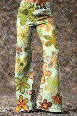 Women's Green Cute Floral Hippie Art Printed Casual Slim Denim Wide Leg Pants