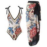 Floral Print V Neck Tie Shoulder One-piece Swimwear and Wrap Cover Up Skirt Set
