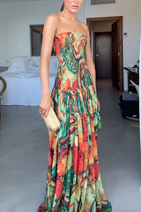 Strapless Smocked Ombre Print Swing Maxi Dress