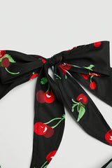 Vintage Cherry Print Halter Neck Dress, Sweet Slim-Fit Flared Skirt Elegant Evening Gown