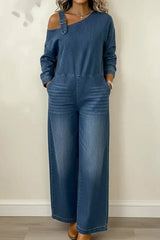 Women's Fashionable Off-The-Shoulder Denim Jumpsuit