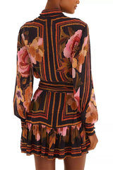 Long Sleeves Button Up Tie Waist Fioral Print Ruffle Mini Shirt Dress