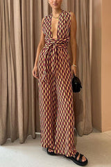 Heididress Chic Back Criss Cross Knot Waist Wide Leg Printed Jumpsuit