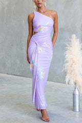 One Shoulder Cut Out Waist Floral Print Draped Maxi Dress