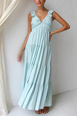 Heididress V Neck Ruffle Trim Tiered Sleeveless Linen Maxi Dress