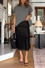 Crewneck Short Sleeves Irregular Hem Sweater Top