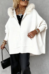 Dolman Sleeves Zipper Up Pocketed Jacket with Faux Fur Hood