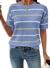 Women's Crewneck Short Sleeve Knit Striped Tops