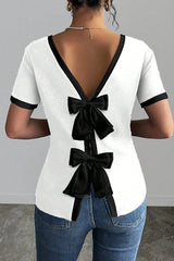 Women's Backless Bow T Shirts Short Sleeve Crewneck Open Back Knit Tops Casual Summer Tees