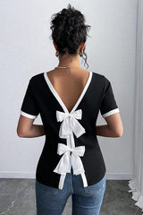 Women's Backless Bow T Shirts Short Sleeve Crewneck Open Back Knit Tops Casual Summer Tees