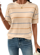 Women's Crewneck Short Sleeve Knit Striped Tops